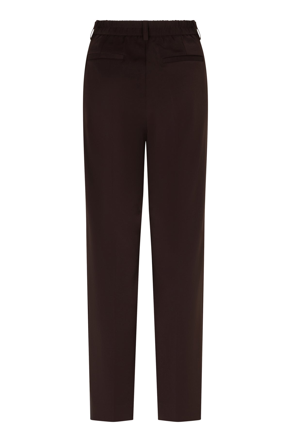 Pantalon jambe droite brun foncé isolé de dos avec taille élastiquée et poches passepoilées pour femme par Esqualo