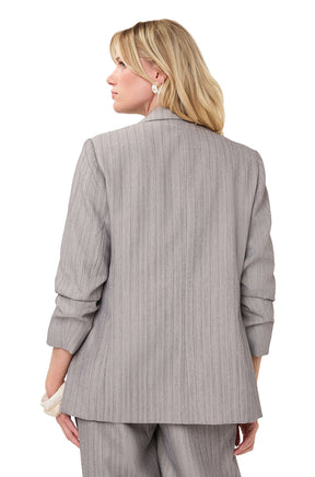 Esqualo women's gray pinstriped blazer with a straight hem and long sleeves pushed up shown from the back