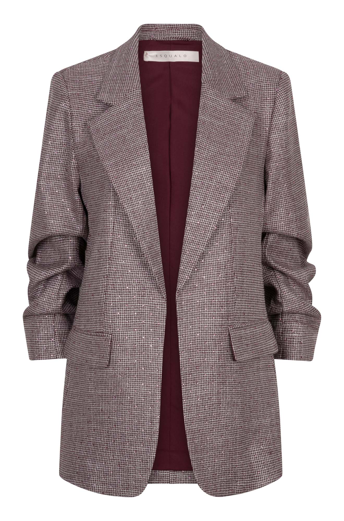 Esqualo women's grey-burgundy check blazer with notched lapels, flap pockets and burgundy lining, front view