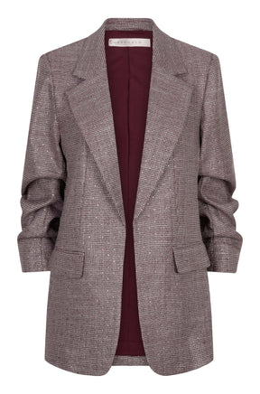 Esqualo women's grey-burgundy check blazer with notched lapels, flap pockets and burgundy lining, front view