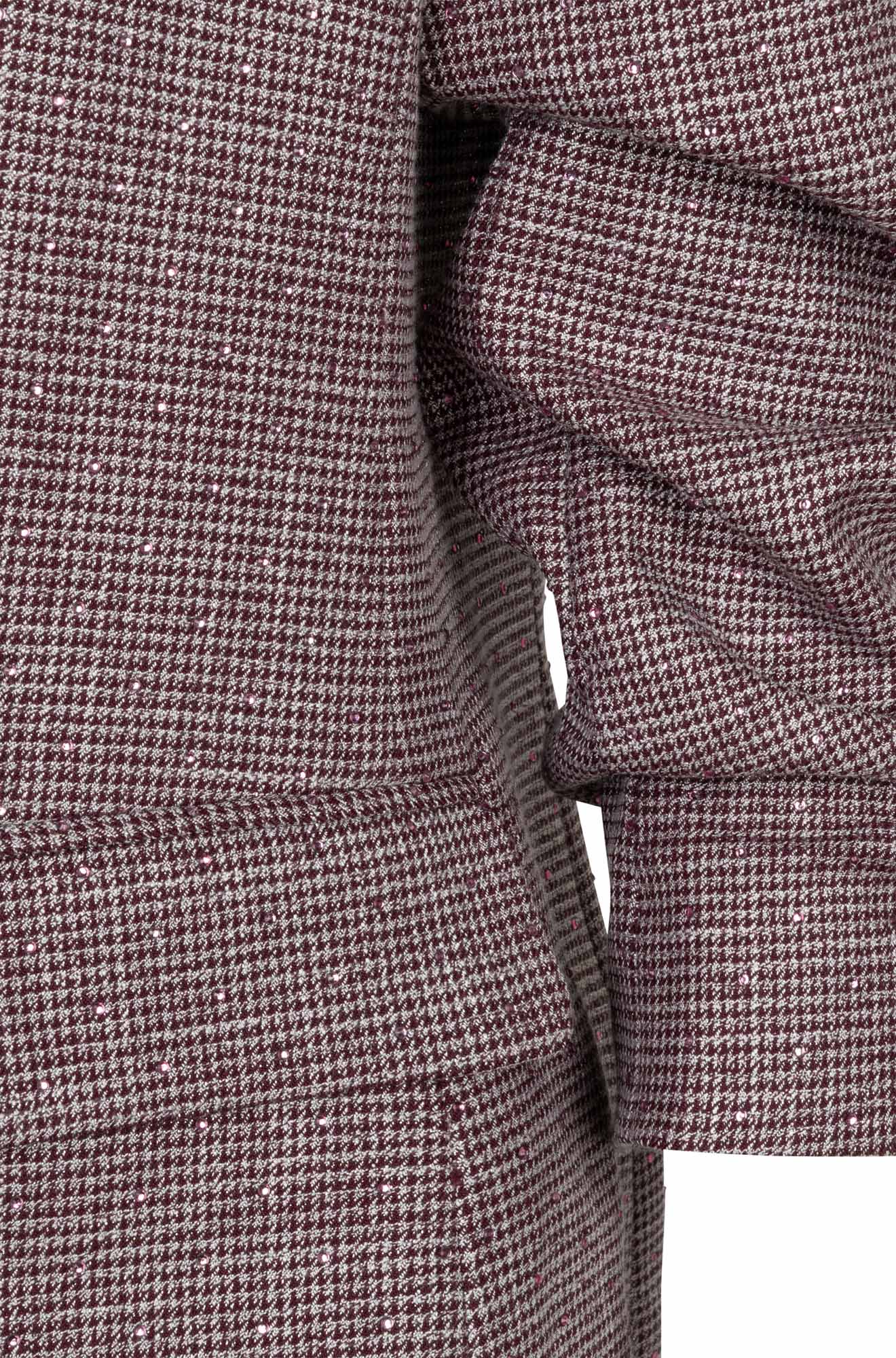 Esqualo women's grey-burgundy check blazer fabric, pocket flap and ruched sleeve detail, close-up