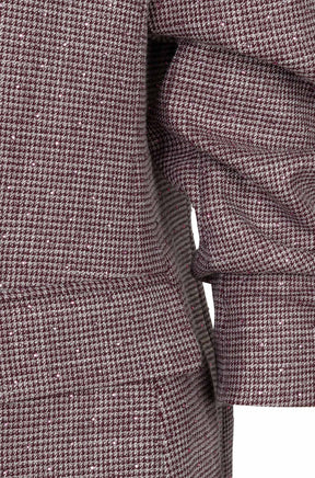 Esqualo women's grey-burgundy check blazer fabric, pocket flap and ruched sleeve detail, close-up
