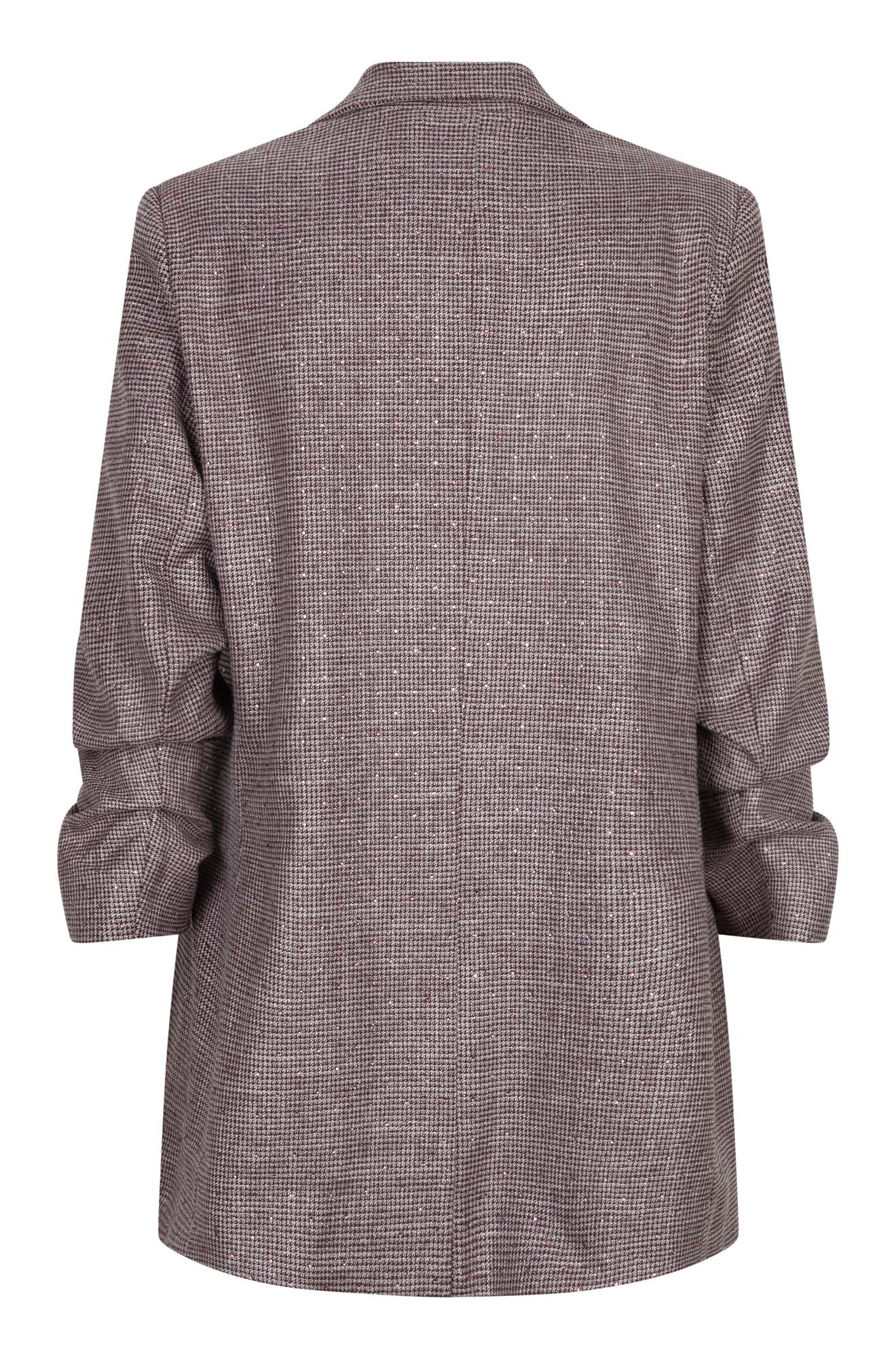 Esqualo women's grey-burgundy check blazer with long ruched sleeves and wide cuffs, back view