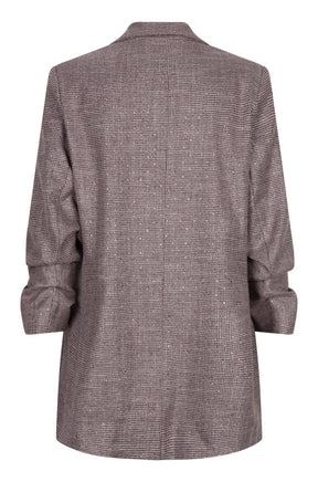 Esqualo women's grey-burgundy check blazer with long ruched sleeves and wide cuffs, back view