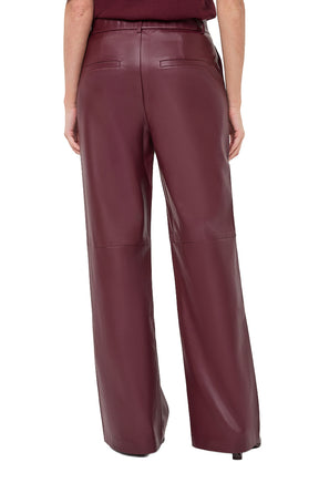 Esqualo women's burgundy faux leather wide-leg pants with welt pockets and horizontal leg seams, back view