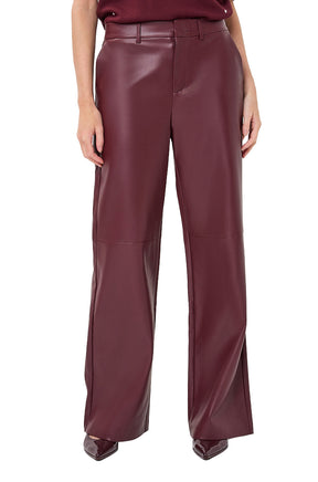 Esqualo women's burgundy faux leather wide-leg pants with belt loops and full-length hems, front view