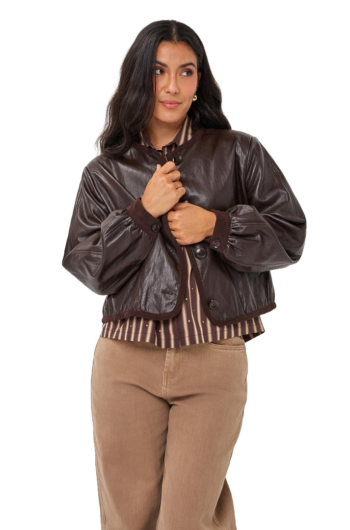Esqualo women's dark brown shiny cropped jacket with button closure and ribbed trim shown from the front