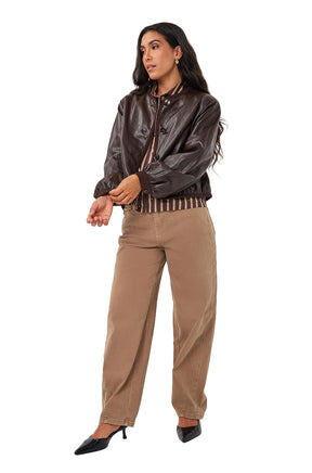 Esqualo women's angled front view of dark brown shiny cropped jacket with buttons and ribbed trim