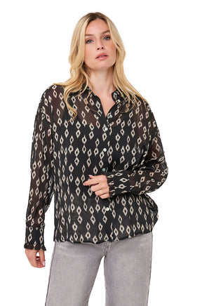 Esqualo women's black sheer button-front long-sleeve blouse with ivory diamond pattern shown from the front