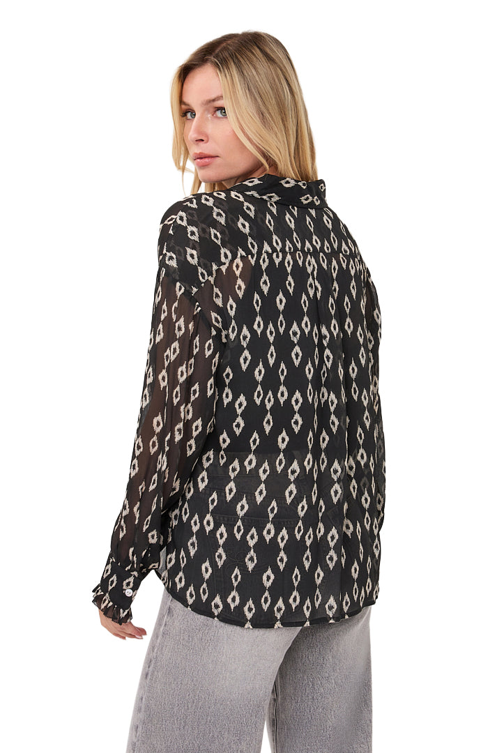 Esqualo women's black sheer long-sleeve blouse with ivory diamond pattern, point collar and curved hem, back view