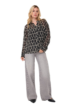 Esqualo women's black sheer button-front long-sleeve blouse with ivory diamond pattern shown from the front