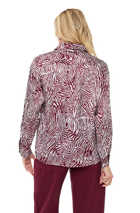 Esqualo women's ivory and burgundy printed long-sleeve blouse with point collar, and curved hem, back view