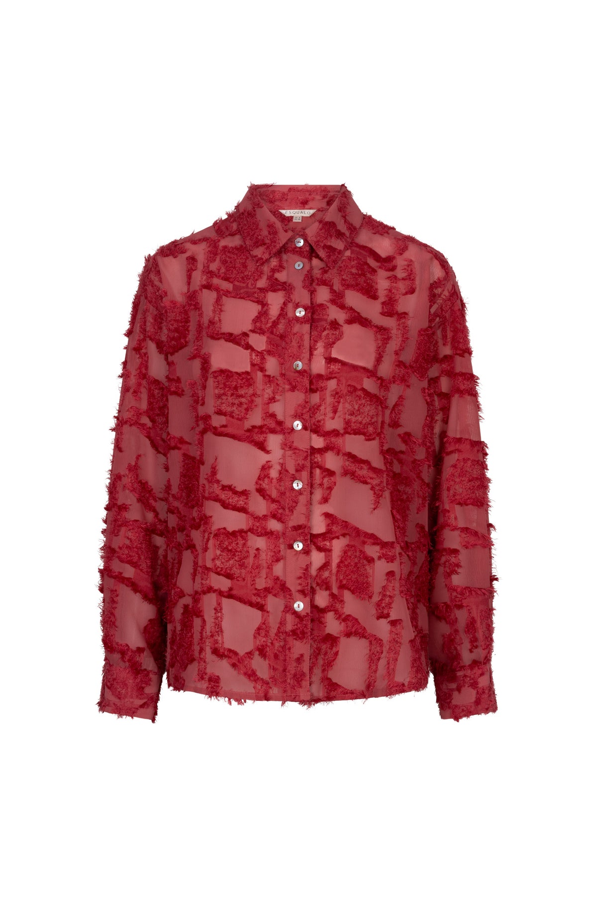 Esqualo women's red sheer button-up long-sleeve blouse, front view, with pearl-like buttons and raised abstract texture