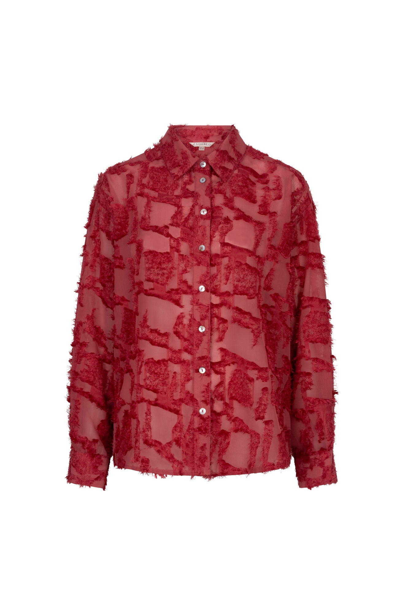 Esqualo women's red sheer button-up long-sleeve blouse, front view, with pearl-like buttons and raised abstract texture