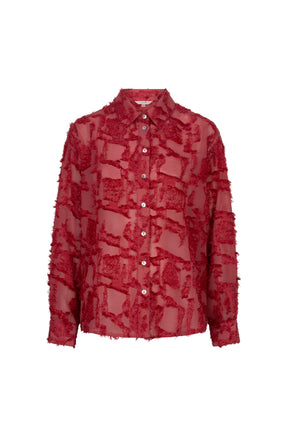 Esqualo women's red sheer button-up long-sleeve blouse, front view, with pearl-like buttons and raised abstract texture