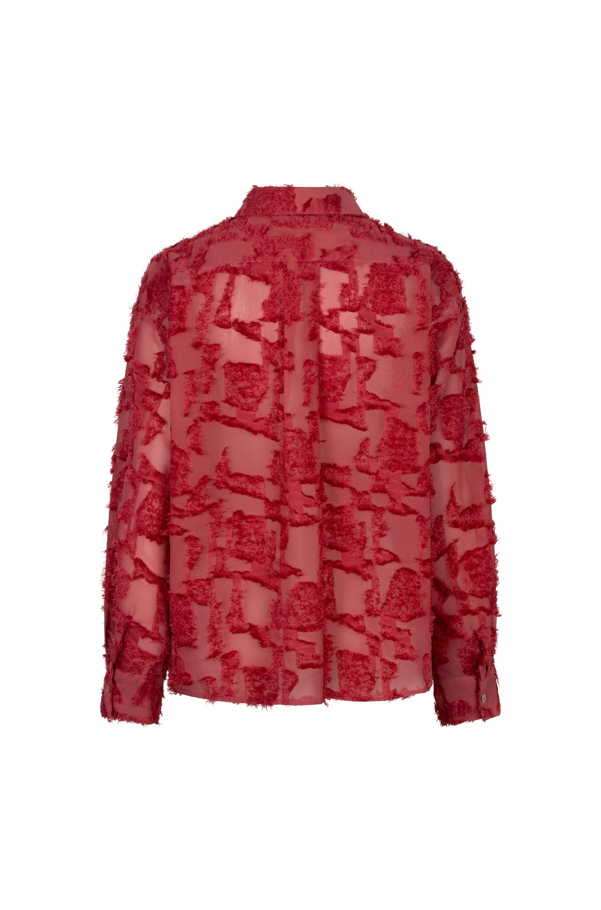 Esqualo women's red sheer button-up long-sleeve blouse, front view, with pearl-like buttons and raised abstract texture