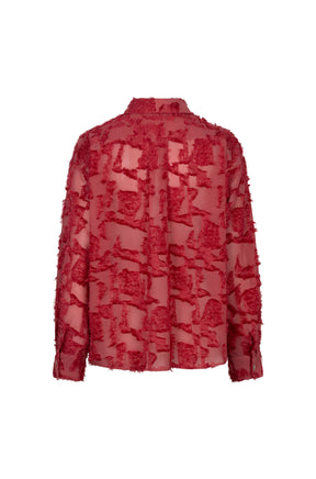 Esqualo women's red sheer button-up long-sleeve blouse, front view, with pearl-like buttons and raised abstract texture