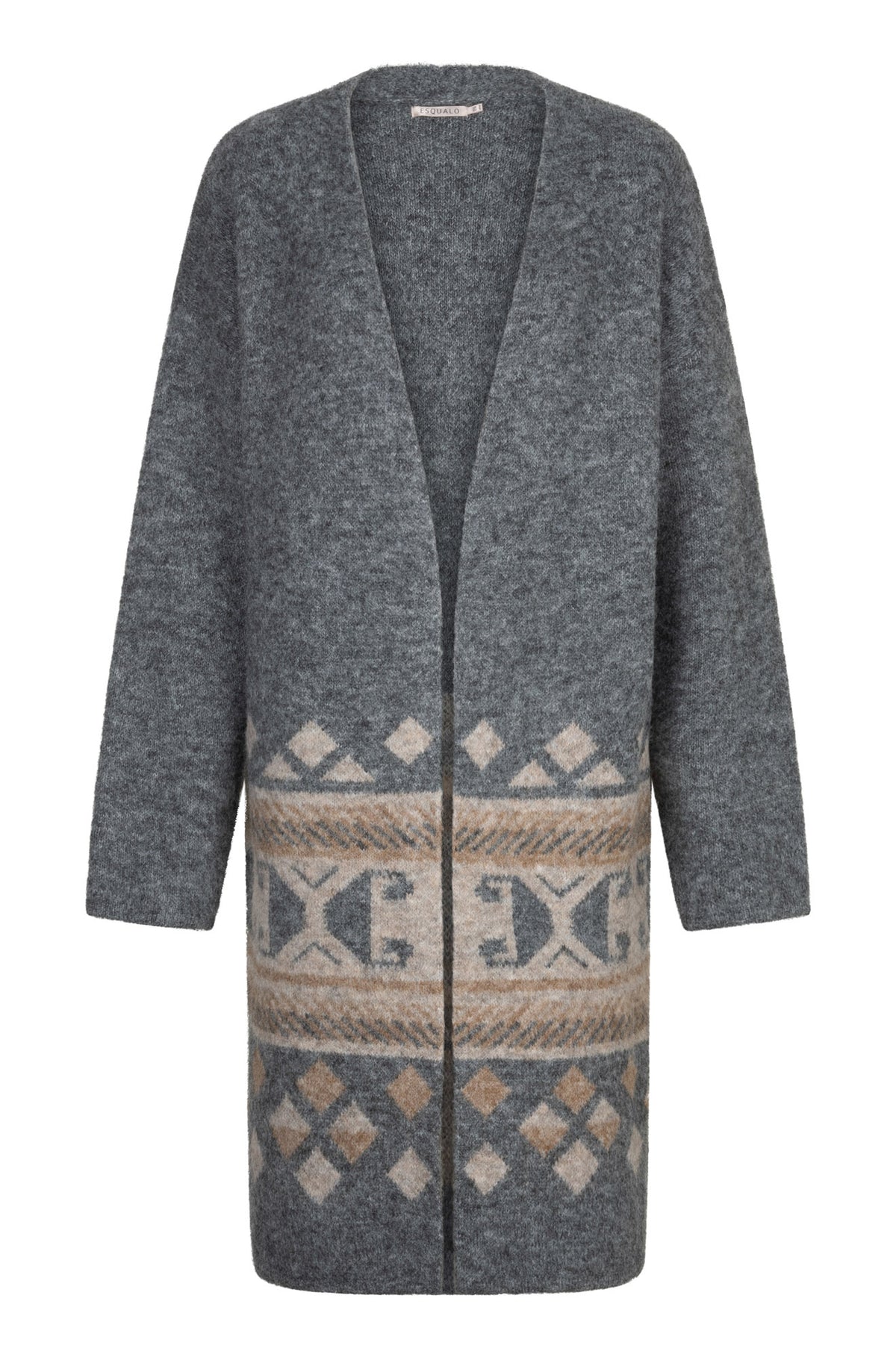 Esqualo women's long gray open-front knit cardigan with beige geometric lower border shown from the front