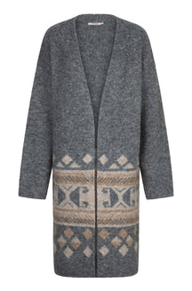 Cardigan long gris ouvert en tricot avec bordure géométrique beige au bas pour femme par Esqualo, vue avant