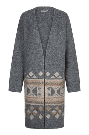 Esqualo women's long gray open-front knit cardigan with beige geometric lower border shown from the front
