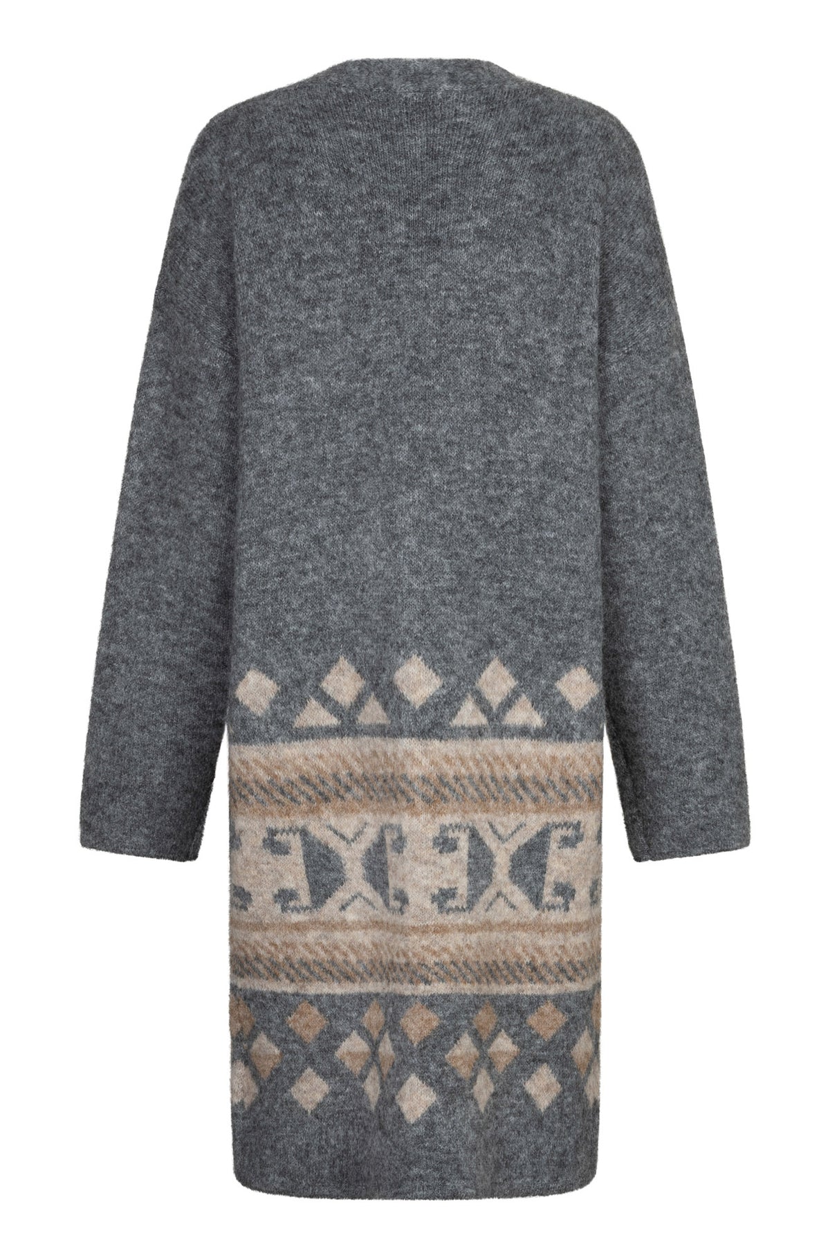 Esqualo women's long gray knit cardigan with beige geometric border pattern near the hem shown from the back