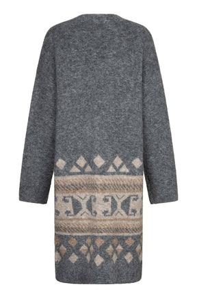 Esqualo women's long gray knit cardigan with beige geometric border pattern near the hem shown from the back