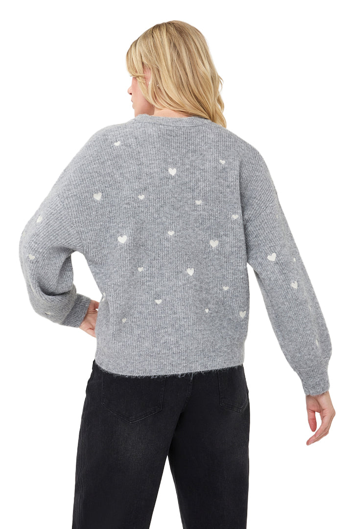 Chandail manches longues en tricot gris pâle avec épaules tombantes et coeurs blancs pour femme par Esqualo, vue de dos