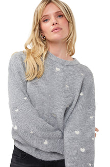 Chandail manches longues en tricot gris pâle avec col rond côtelé et coeurs blancs pour femme par Esqualo, vue de face
