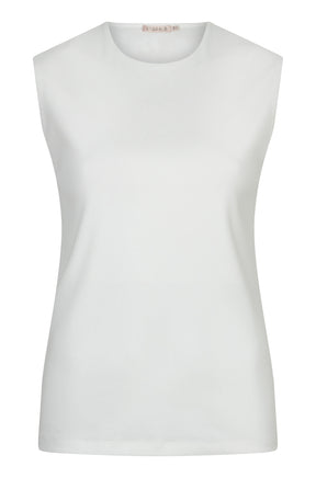 Esqualo women's white sleeveless crewneck T-Shirt with broad shoulders and straight hem shown from the front