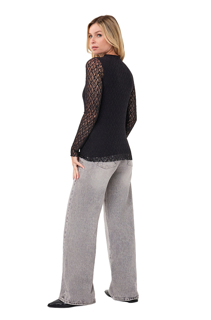 Women's angled back view of black lace mock neck long-sleeve blouse with sheer sleeves and scalloped hem by Esqualo
