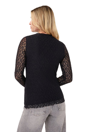 Esqualo women's black floral lace long-sleeve blouse with sheer scalloped hem shown from the back