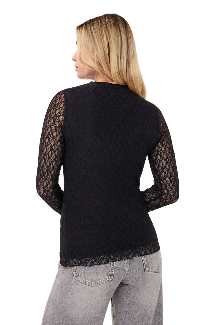 Esqualo women's black floral lace long-sleeve blouse with sheer scalloped hem shown from the back