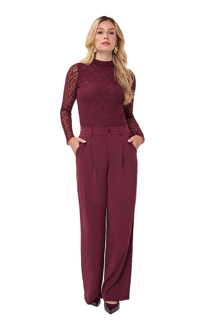 Esqualo women's burgundy floral lace mock neck long-sleeve blouse with sheer, front view