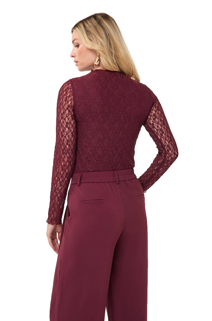 Esqualo women's burgundy floral lace long-sleeve blouse with a mock neck and sheer, back view