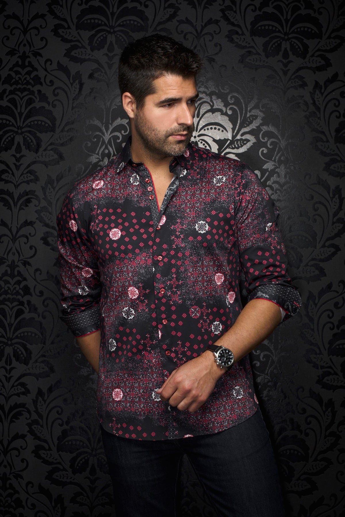 Chemise manches longues pour homme par Au Noir | FLORIANI Noir Rouge | Boutique Vvög, inventaire complet de la marque Au Noir