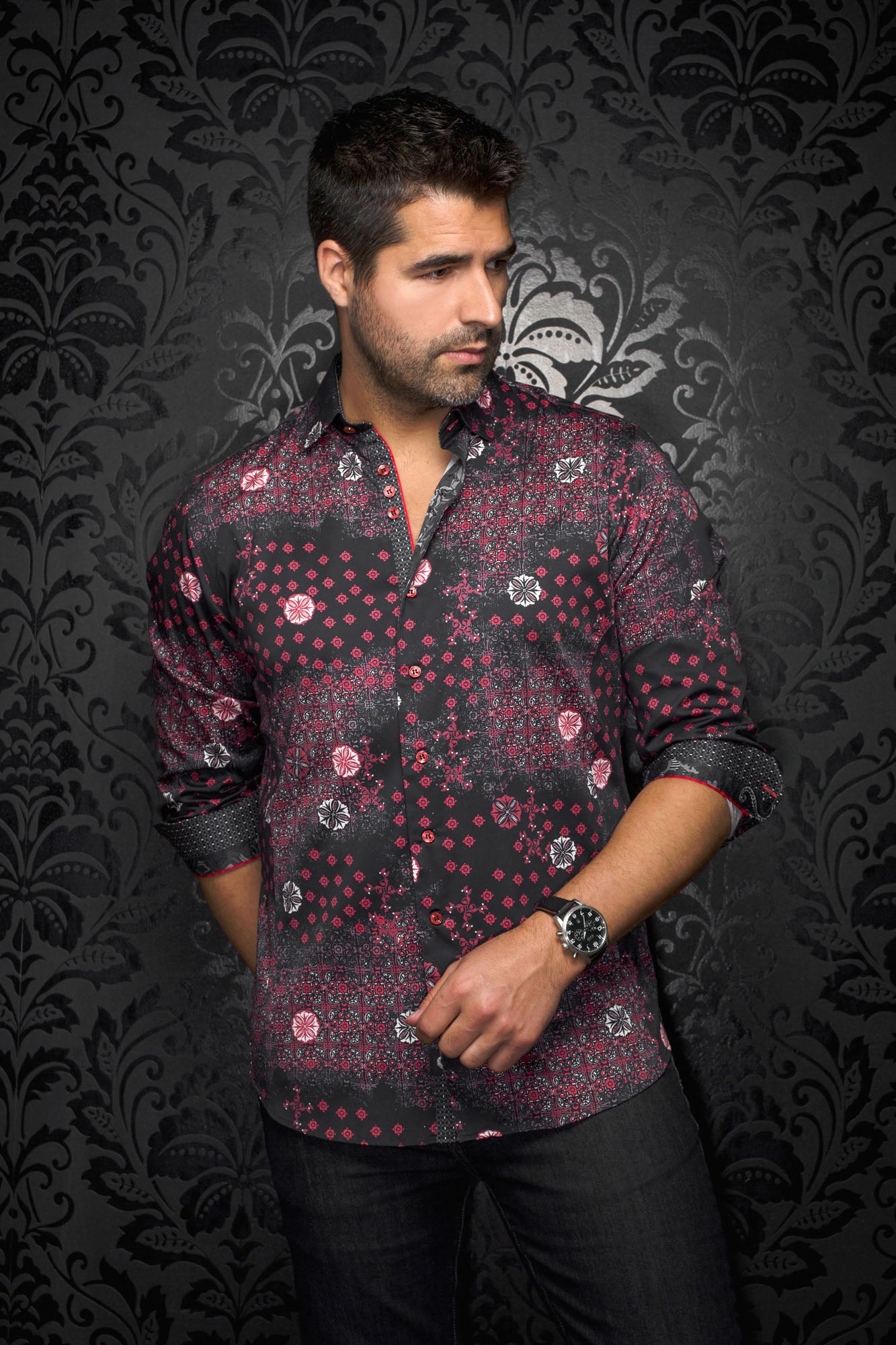 Chemise manches longues pour homme par Au Noir | FLORIANI Noir Rouge | Boutique Vvög, inventaire complet de la marque Au Noir