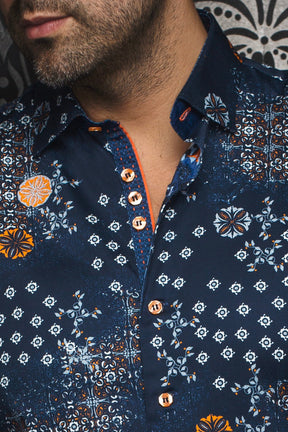 Chemise manches longues pour homme par Au Noir | FLORIANI Bleu Marine Orange | Boutique Vvög, inventaire complet de la marque Au Noir