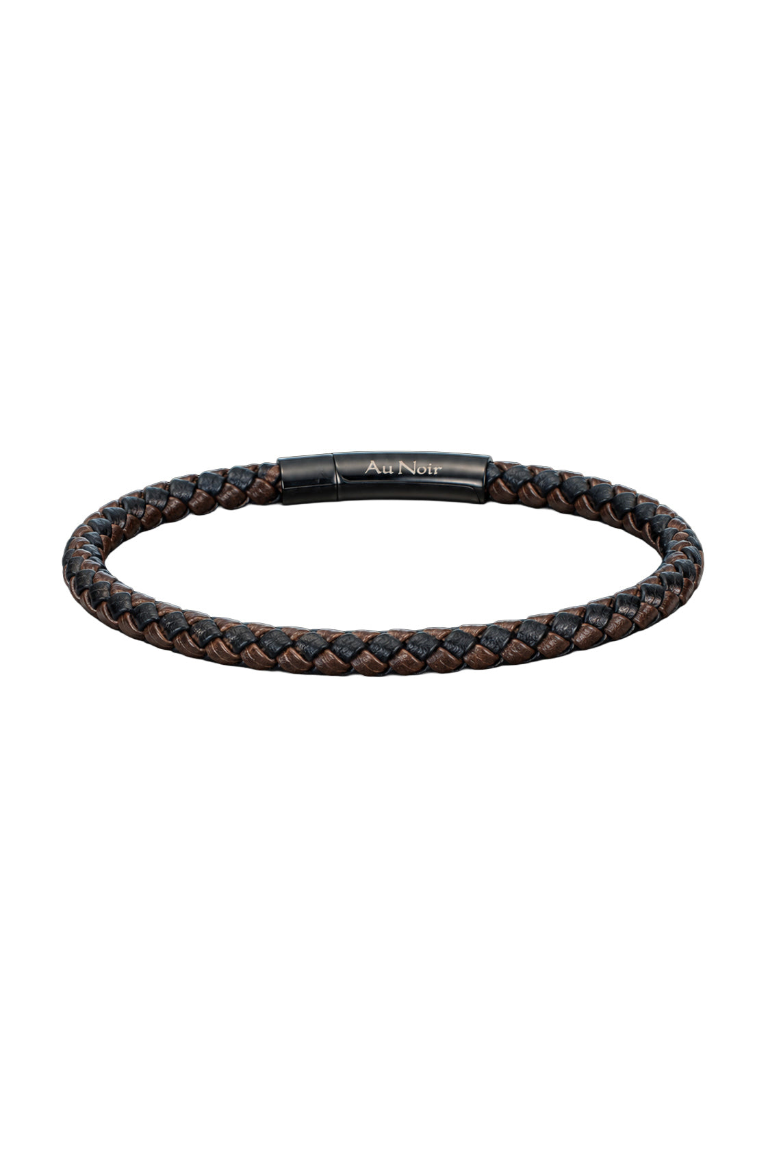 Bracelet tressé noir et brun avec fermoir noir et logo Au Noir, vue produit pour homme, vue produit