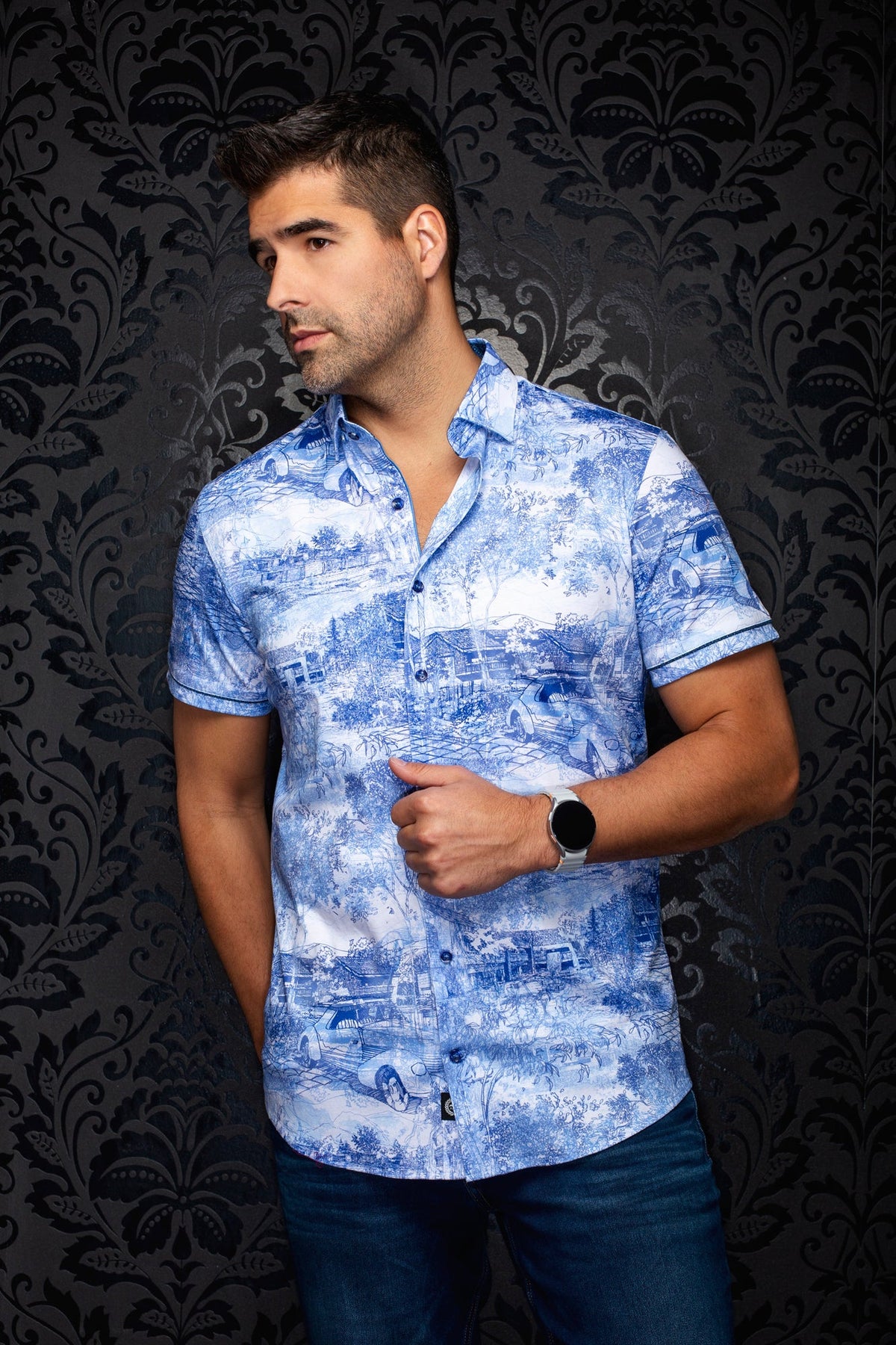 Chemise manches courtes en Knit extensible pour homme par Au Noir | GAVELSTON (SS) Bleu Pâle | Boutique Vvög, inventaire complet de la marque Au Noir