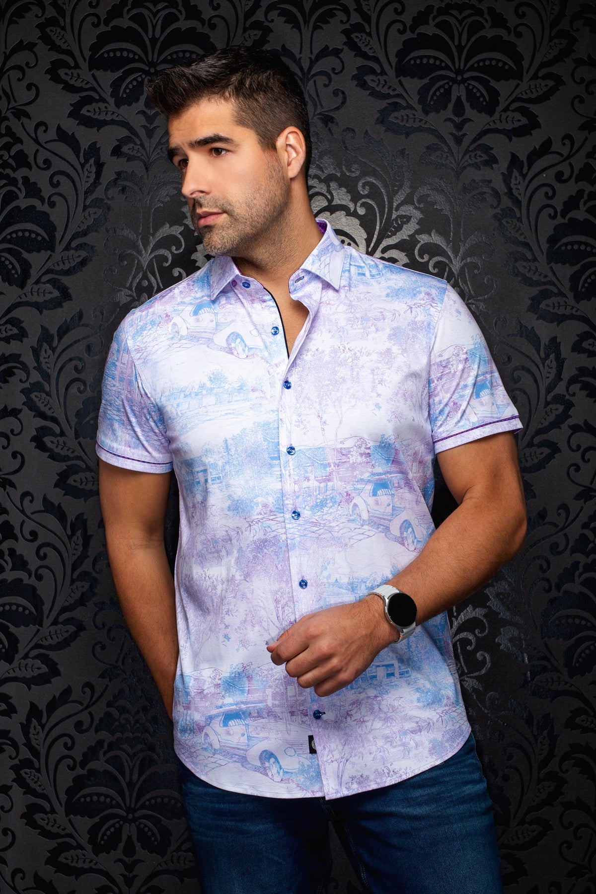 Chemise manches courtes en Knit extensible pour homme par Au Noir | GAVELSTON (SS) Rose | Boutique Vvög, inventaire complet de la marque Au Noir