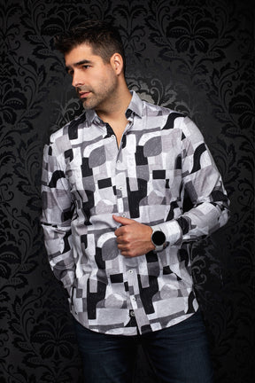 Men's angled front view of gray abstract print button-up shirt with spread collar by Au Noir
