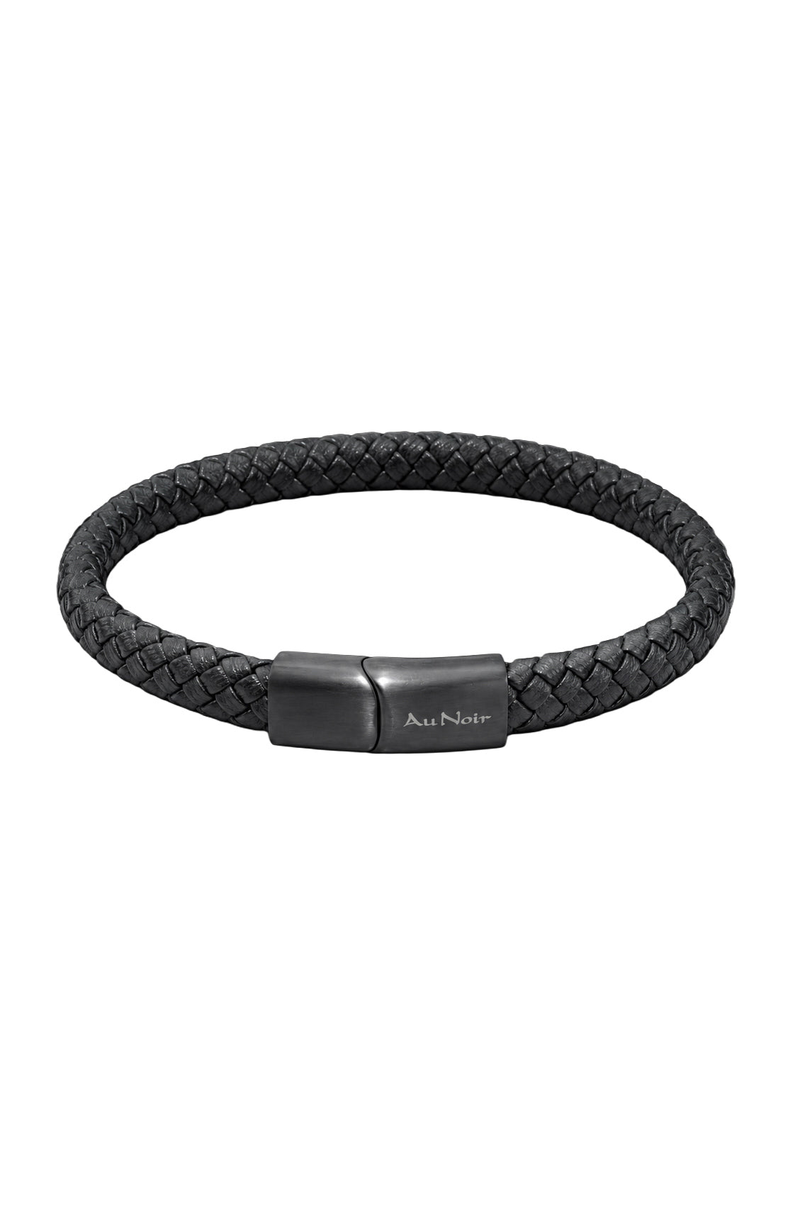 Bracelet tressé noir avec logo Au Noir et fermoir rectangulaire foncé, vue produit pour homme