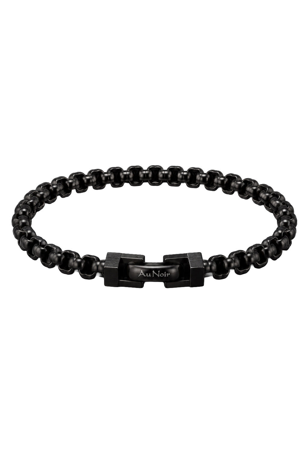 Bracelet noir à maillons entrelacés avec logo Au Noir visible et fermoir rectangulaire, vue produit pour homme