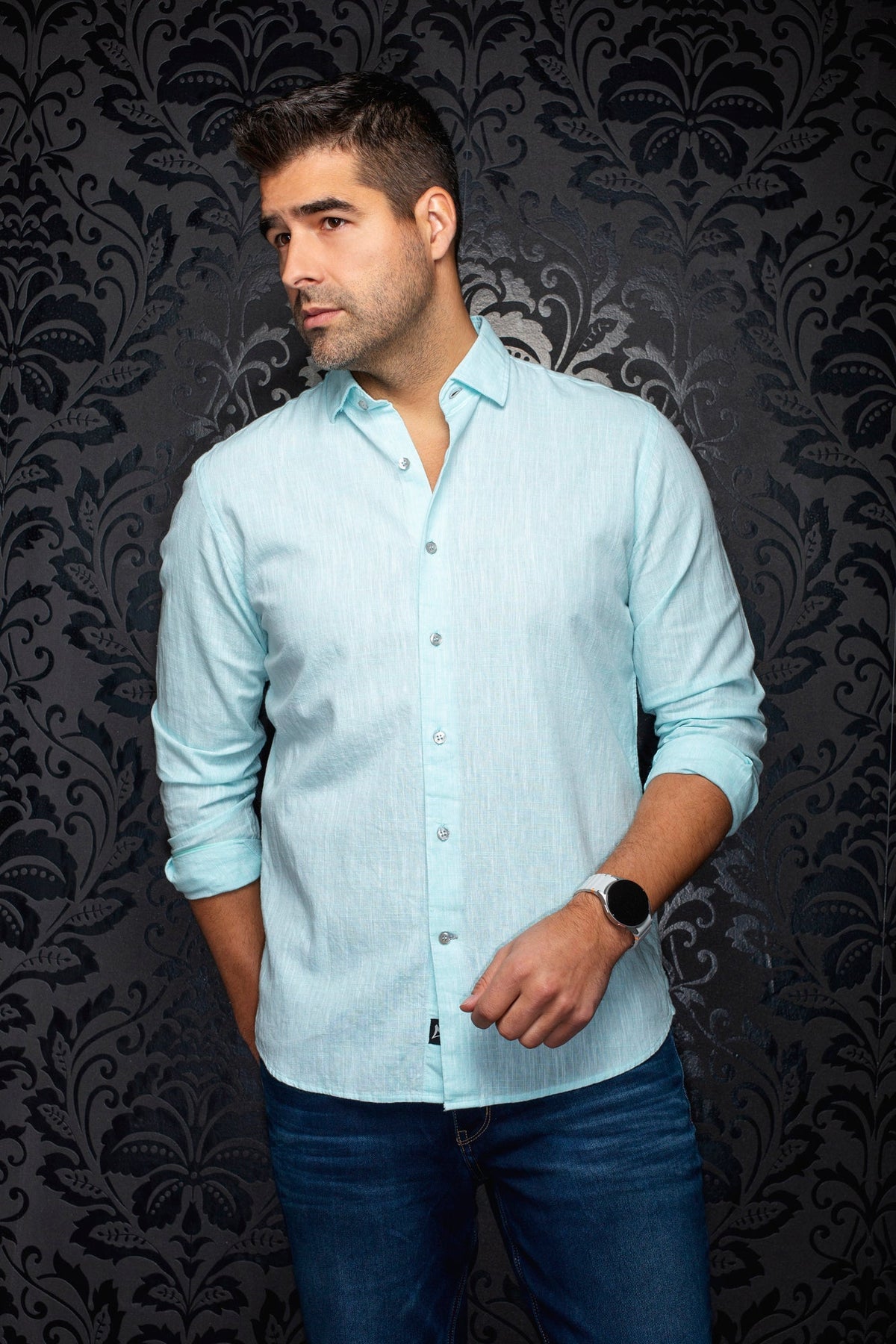 Chemise manches longues en lin pour homme par Au Noir | HUMPHREY Menthe | Boutique Vvög, inventaire complet de la marque Au Noir