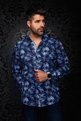 Au Noir men's navy button-up shirt with white and blue abstract crosshatch print shown from the front