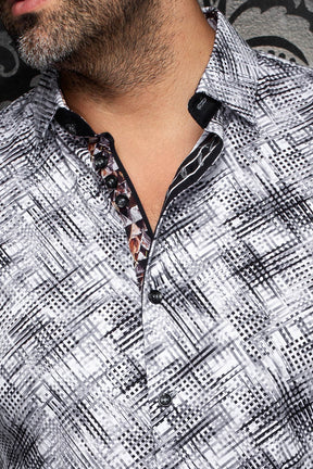 Au Noir men's white and black patterned shirt collar, contrast inner placket and black buttons, close-up