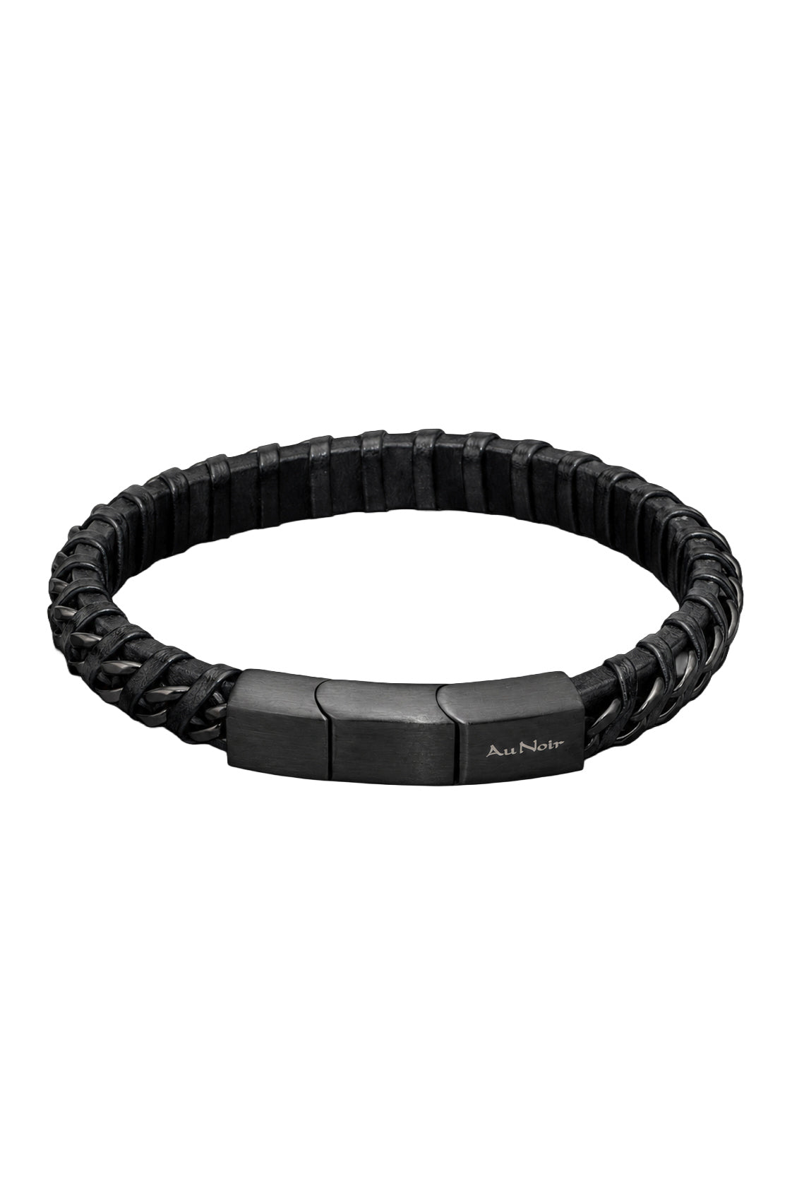 Bracelet noir tressé avec montré en vue produit isolée et fermoir rectangulaire à logo pour homme par Au Noir
