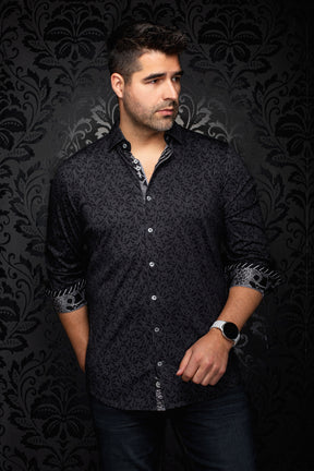Au Noir men's black tonal floral button-up shirt, front model view with light buttons and rolled contrast cuffs