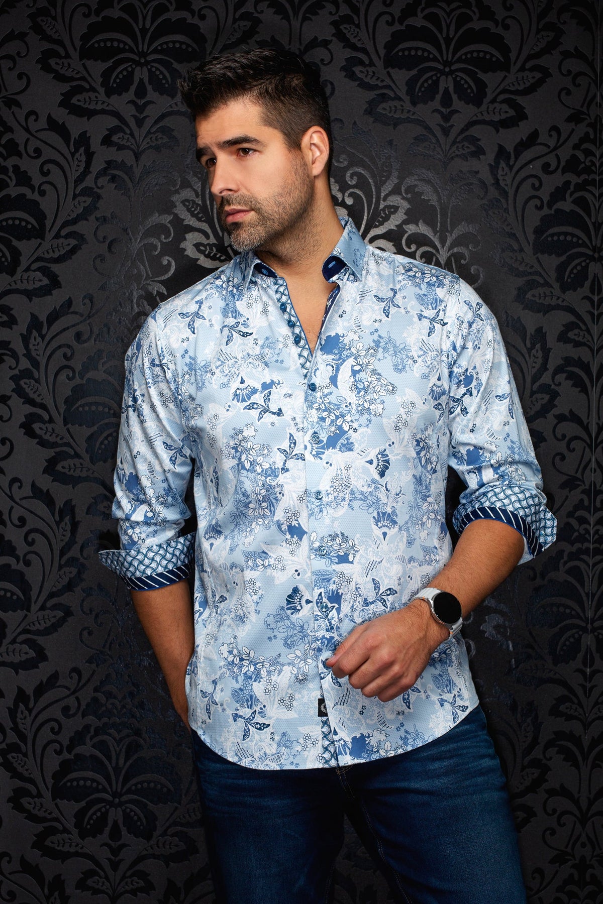 Chemise manches longues en coton extensible pour homme par Au Noir | JAIPUR Bleu Pâle | Boutique Vvög, inventaire complet de la marque Au Noir