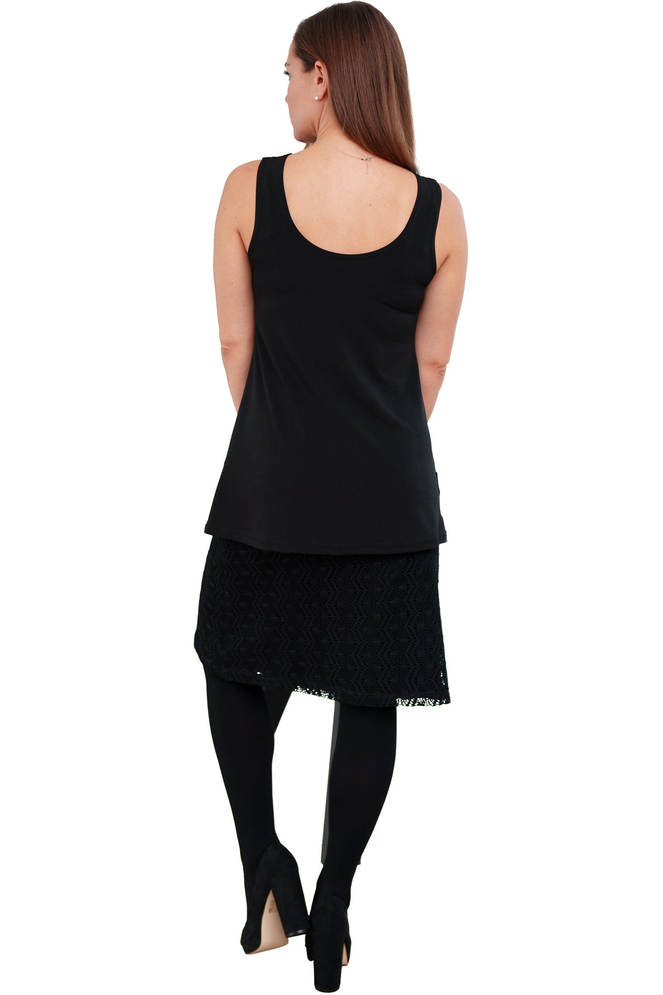 Rien ne se perd, tout se crée women's black textured lace knee-length skirt, with openwork hem visible shown from the back